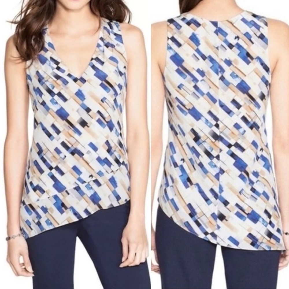 WHBM 100% Silk Geo Abstract Print Asymmetrical Hem Sleeveless VNeck Top Size M